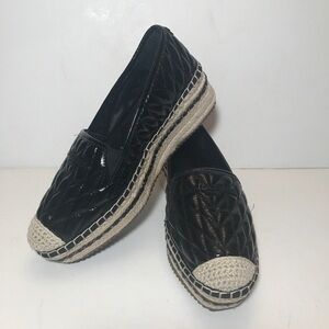 Karl Lagerfeld Quilted Patent Leather Espadrille Wedge Slip Ons Black 8 READ
